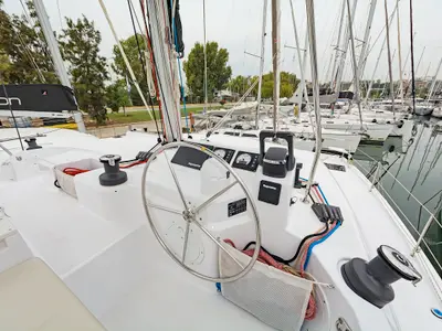 Cockpit of Phoenix, a Bali Catspace catamaran at Municipal Unit of Lefkada, Greece