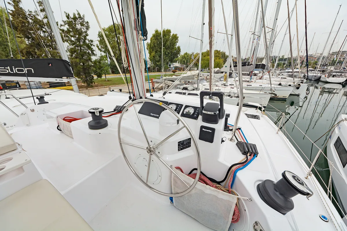 Cockpit of Phoenix, a Bali Catspace catamaran at Municipal Unit of Lefkada, Greece