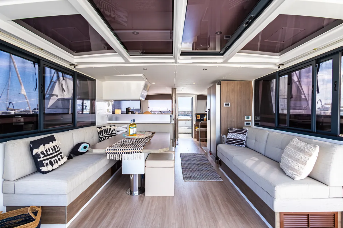 Salon of Nausicaa, a Bali 4.4 catamaran at Municipal Unit of Lefkada, Greece