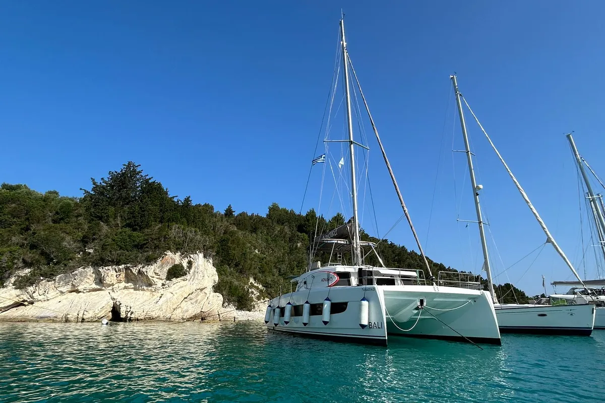 Exterior view of Nausicaa, a Bali 4.4 catamaran at Municipal Unit of Lefkada, Greece