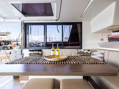 Salon of Nausicaa, a Bali 4.4 catamaran at Municipal Unit of Lefkada, Greece