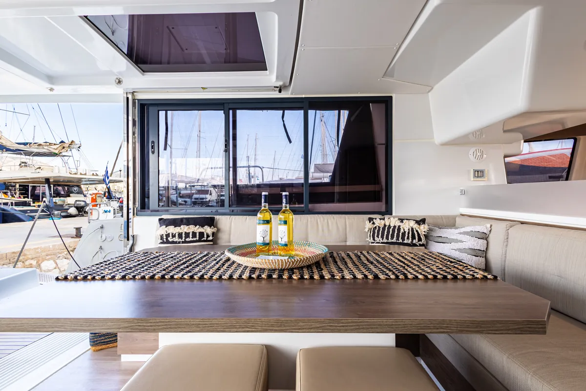 Salon of Nausicaa, a Bali 4.4 catamaran at Municipal Unit of Lefkada, Greece