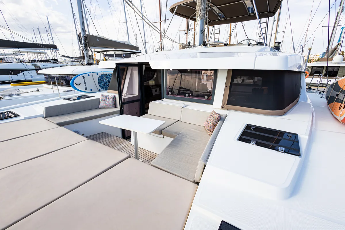 Deck of Nausicaa, a Bali 4.4 catamaran at Municipal Unit of Lefkada, Greece