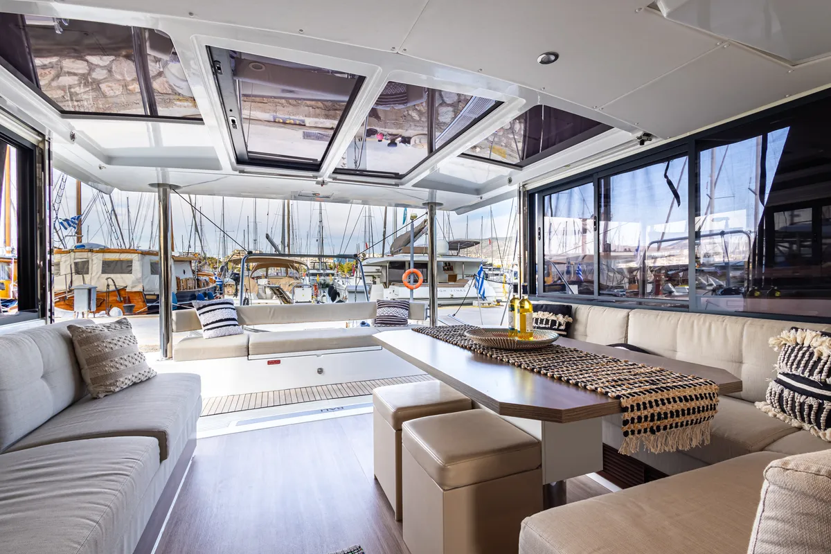 Salon of Nausicaa, a Bali 4.4 catamaran at Municipal Unit of Lefkada, Greece