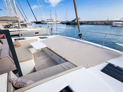 Deck of Nausicaa, a Bali 4.4 catamaran at Municipal Unit of Lefkada, Greece