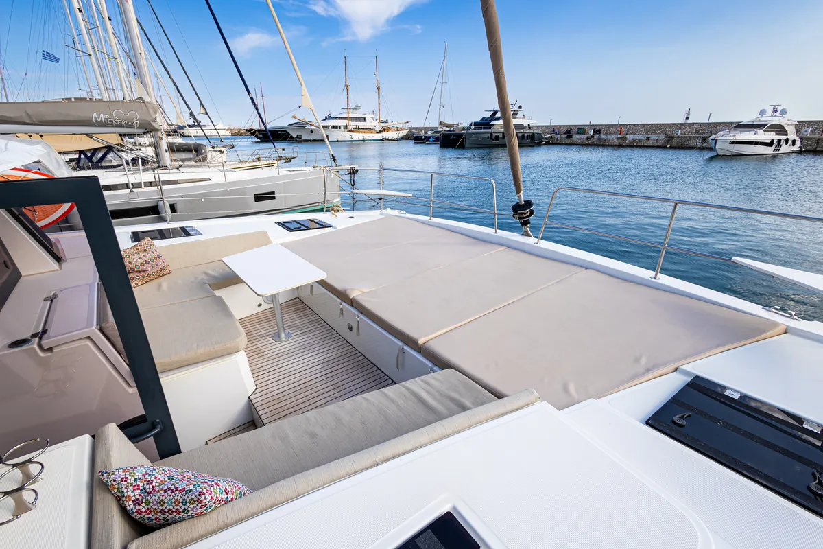 Deck of Nausicaa, a Bali 4.4 catamaran at Municipal Unit of Lefkada, Greece