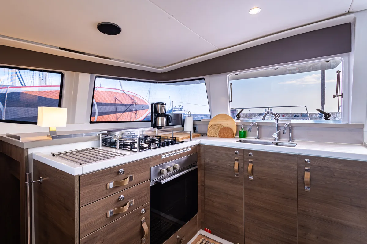 Galley of Nausicaa, a Bali 4.4 catamaran at Municipal Unit of Lefkada, Greece