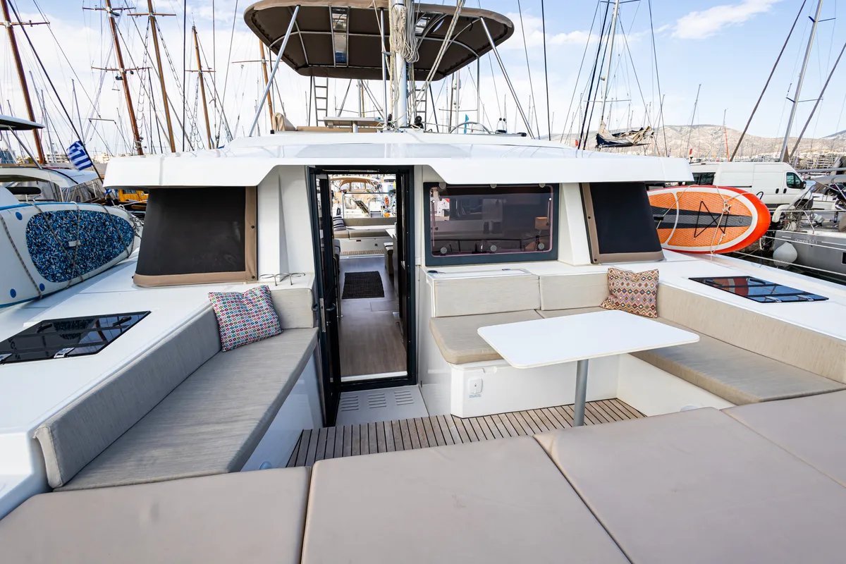 Deck of Nausicaa, a Bali 4.4 catamaran at Municipal Unit of Lefkada, Greece
