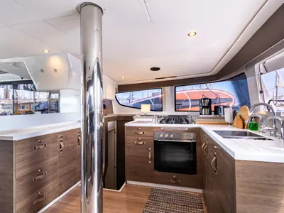 Galley of Nausicaa, a Bali 4.4 catamaran at Municipal Unit of Lefkada, Greece