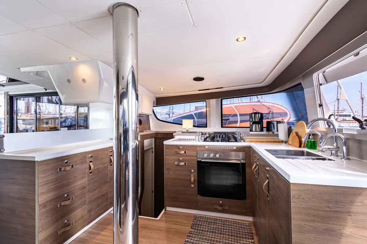 Galley of Nausicaa, a Bali 4.4 catamaran at Municipal Unit of Lefkada, Greece