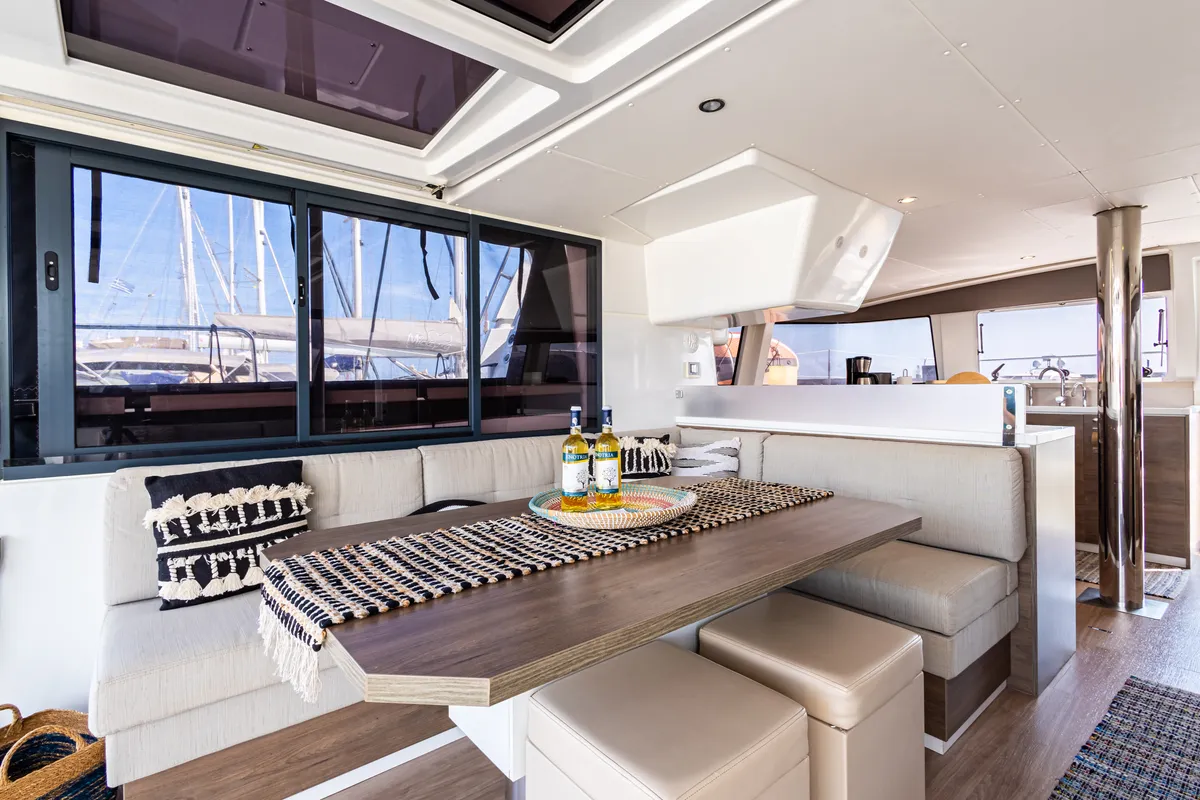 Salon of Nausicaa, a Bali 4.4 catamaran at Municipal Unit of Lefkada, Greece