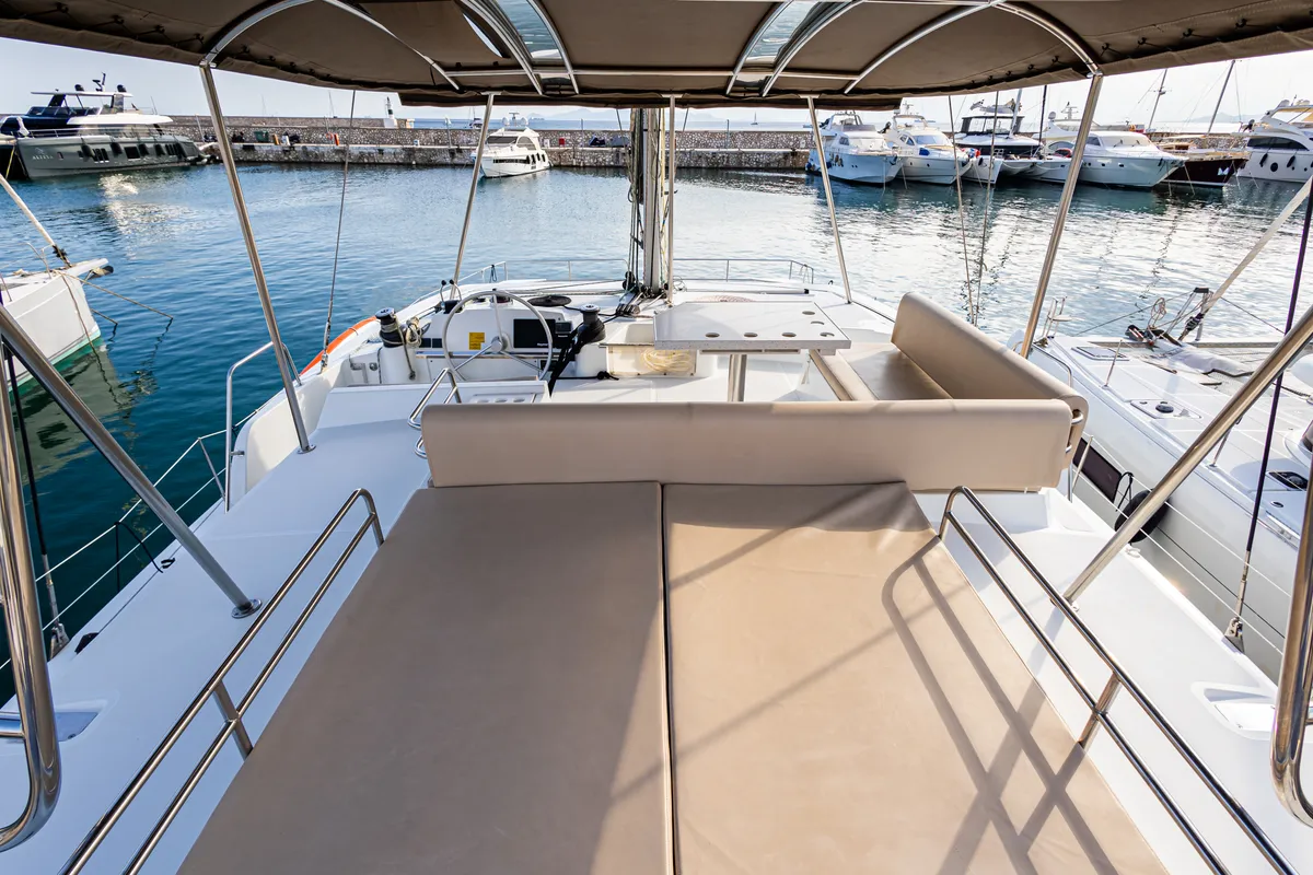 Deck of Nausicaa, a Bali 4.4 catamaran at Municipal Unit of Lefkada, Greece
