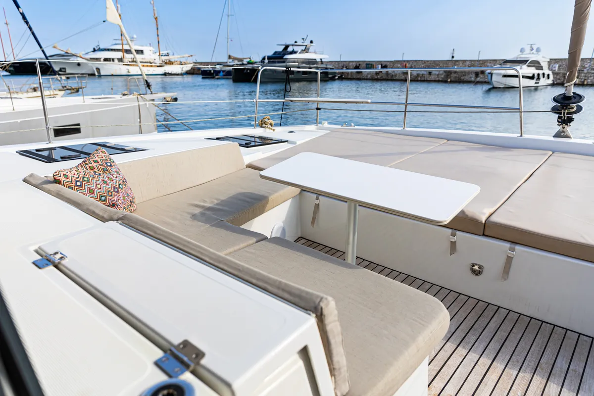 Deck of Nausicaa, a Bali 4.4 catamaran at Municipal Unit of Lefkada, Greece