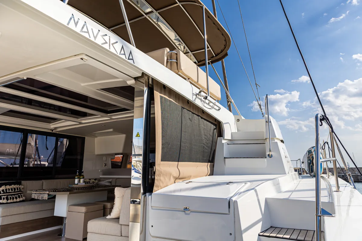 Deck of Nausicaa, a Bali 4.4 catamaran at Municipal Unit of Lefkada, Greece