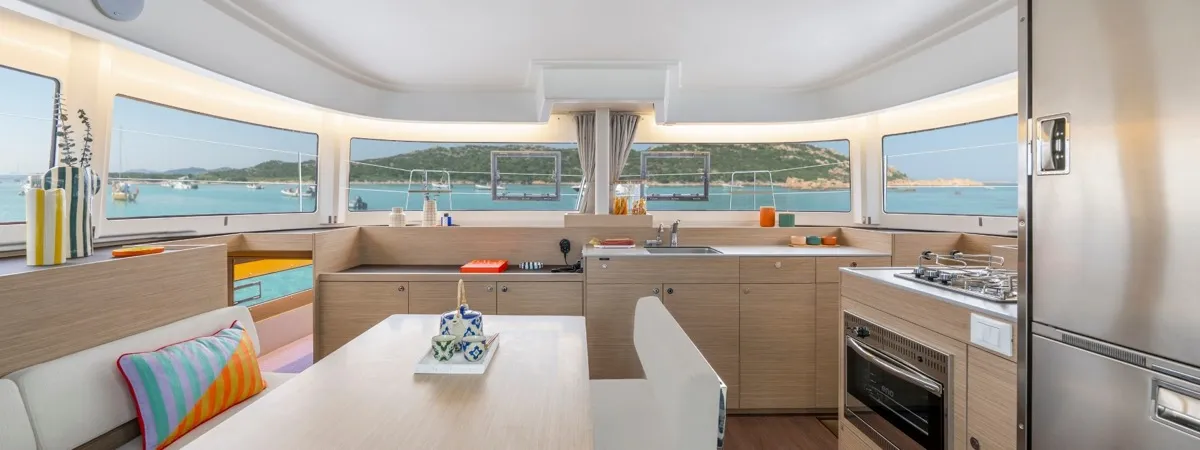 Deck of new lag 38_2 , a Lagoon 38 catamaran at Olbia, Italy