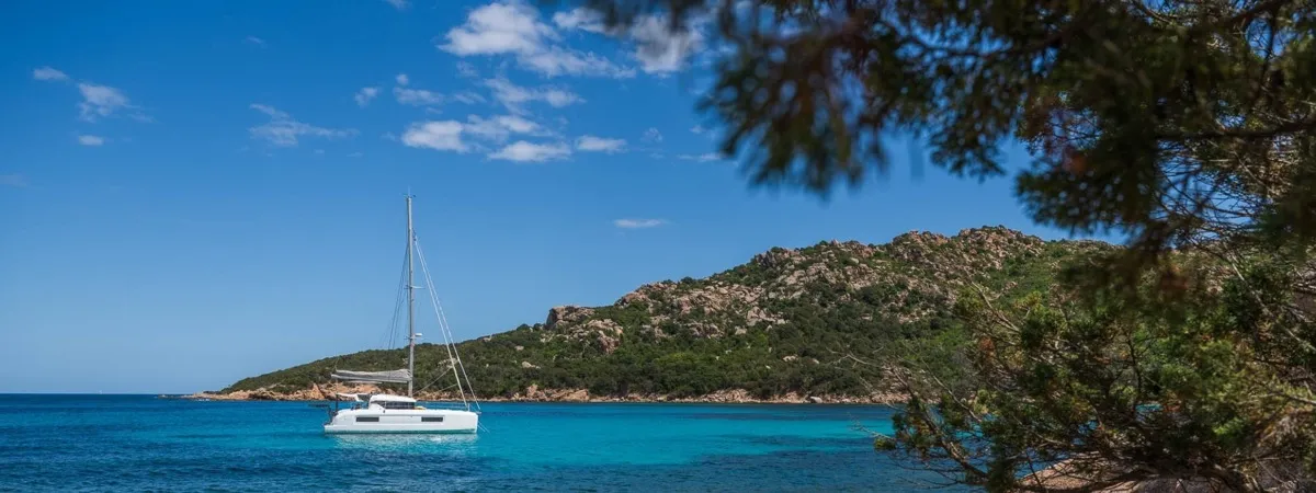Exterior view of new lag 38_2 , a Lagoon 38 catamaran at Olbia, Italy