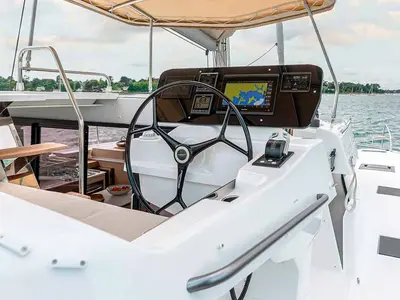 Cockpit of Cataya, a Fountaine Pajot FP 41 Quatuor 4 catamaran at Grad Trogir, Croatia
