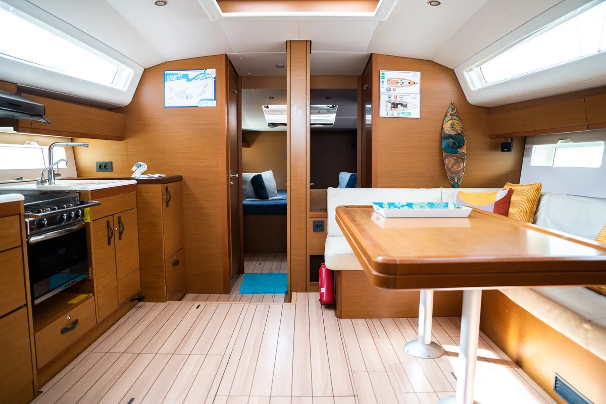 Salon of Joulukka, a Jeanneau 54 sailboat at es Jonquet, Spain