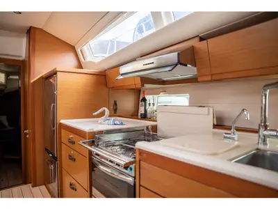 Galley of Joulukka, a Jeanneau 54 sailboat at es Jonquet, Spain