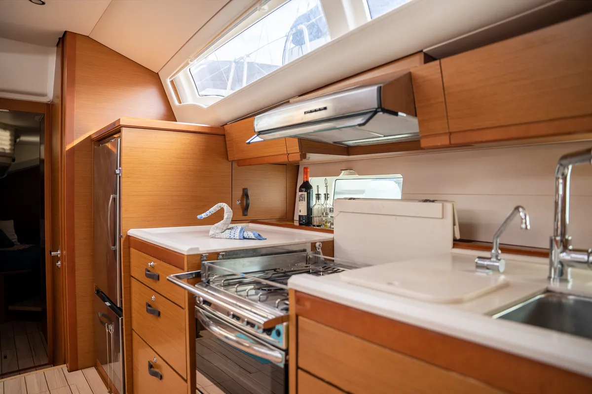 Galley of Joulukka, a Jeanneau 54 sailboat at es Jonquet, Spain