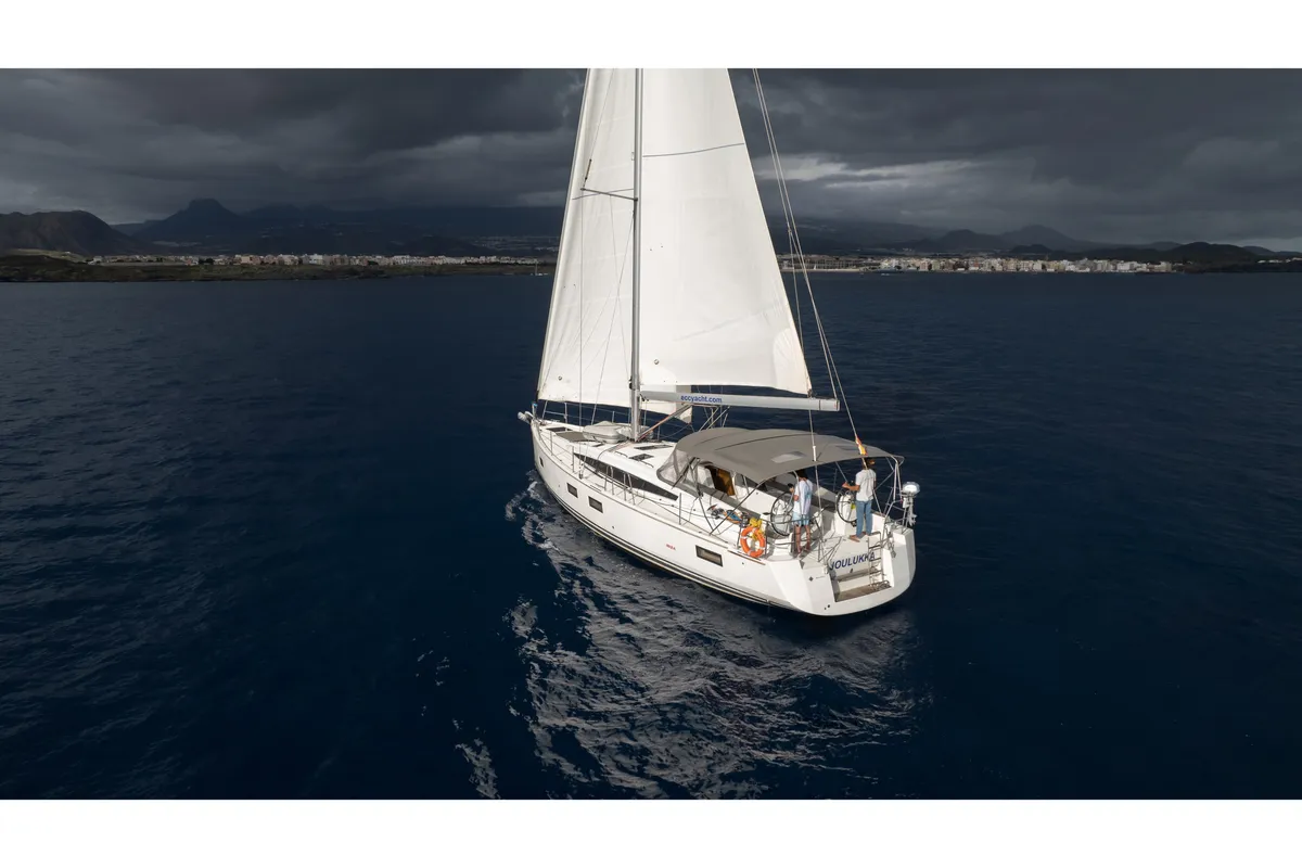 Exterior view of Joulukka, a Jeanneau 54 sailboat at es Jonquet, Spain