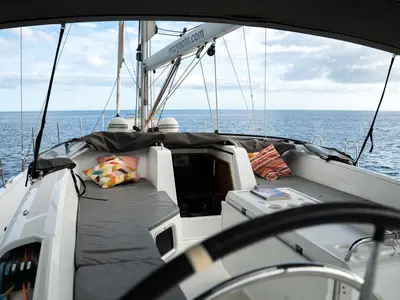 Cockpit of Joulukka, a Jeanneau 54 sailboat at es Jonquet, Spain