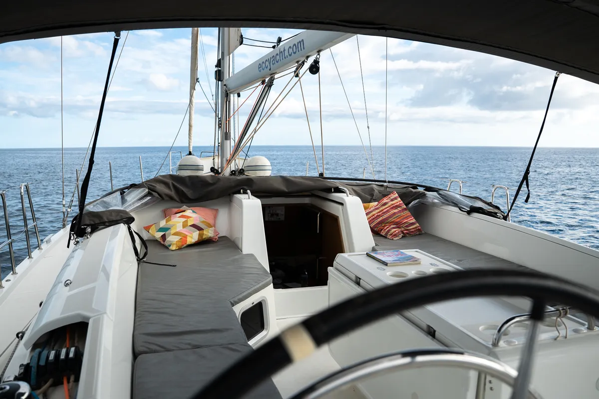 Cockpit of Joulukka, a Jeanneau 54 sailboat at es Jonquet, Spain