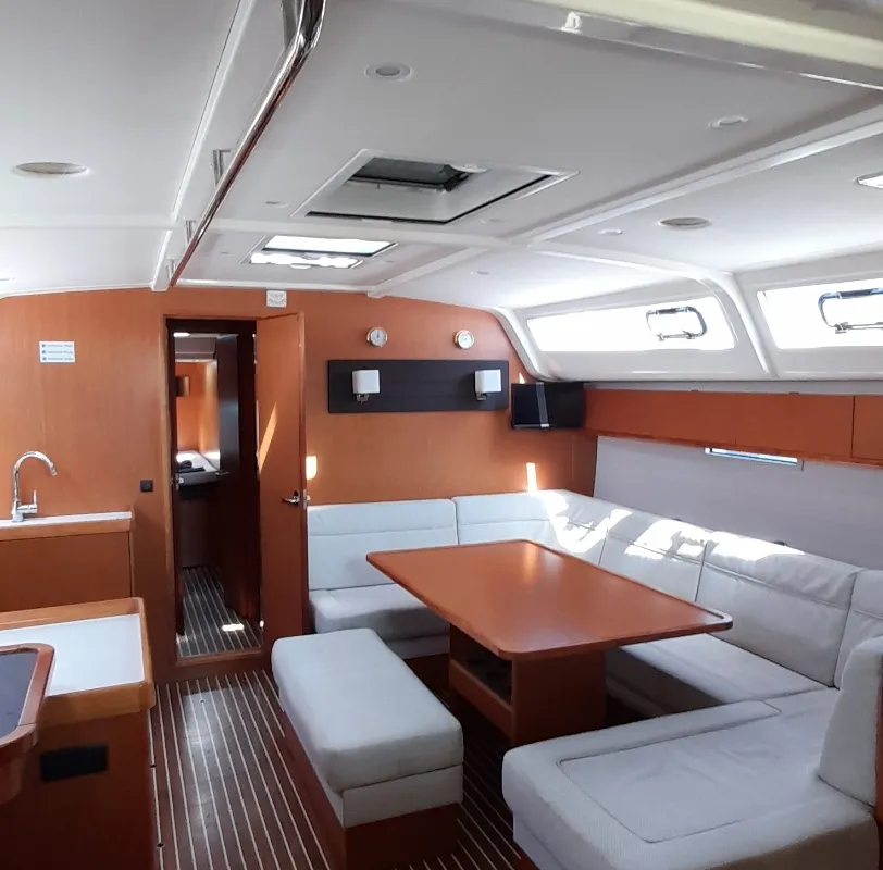 Salon of Fantasia, a Bavaria Cruiser 51 sailboat at Rhodes, Greece