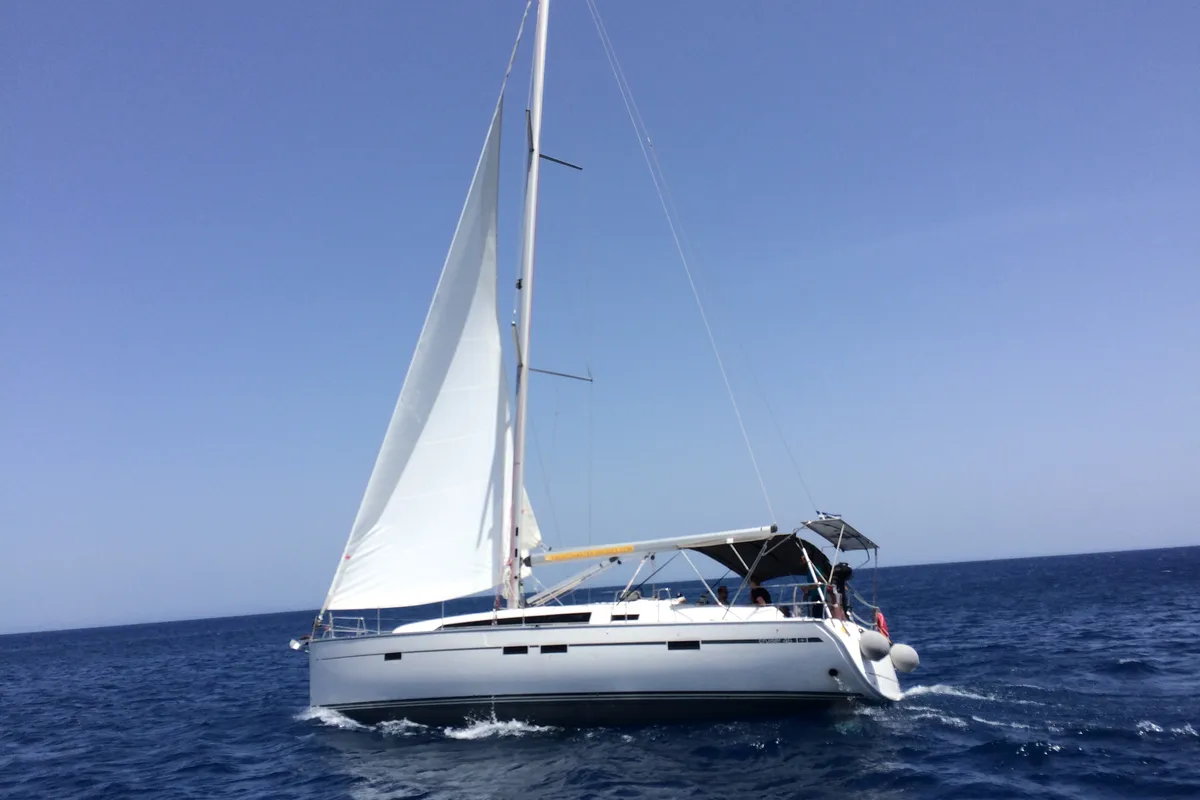 Exterior view of Fantasia, a Bavaria Cruiser 51 sailboat at Rhodes, Greece