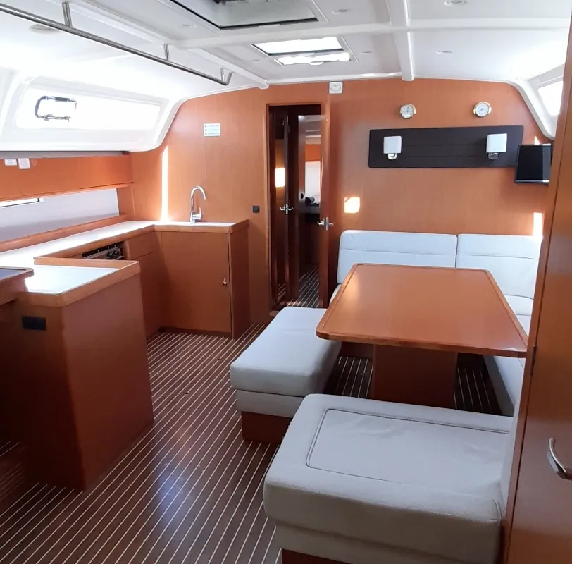 Salon of Fantasia, a Bavaria Cruiser 51 sailboat at Rhodes, Greece
