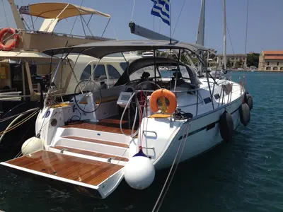 Deck of Fantasia, a Bavaria Cruiser 51 sailboat at Rhodes, Greece