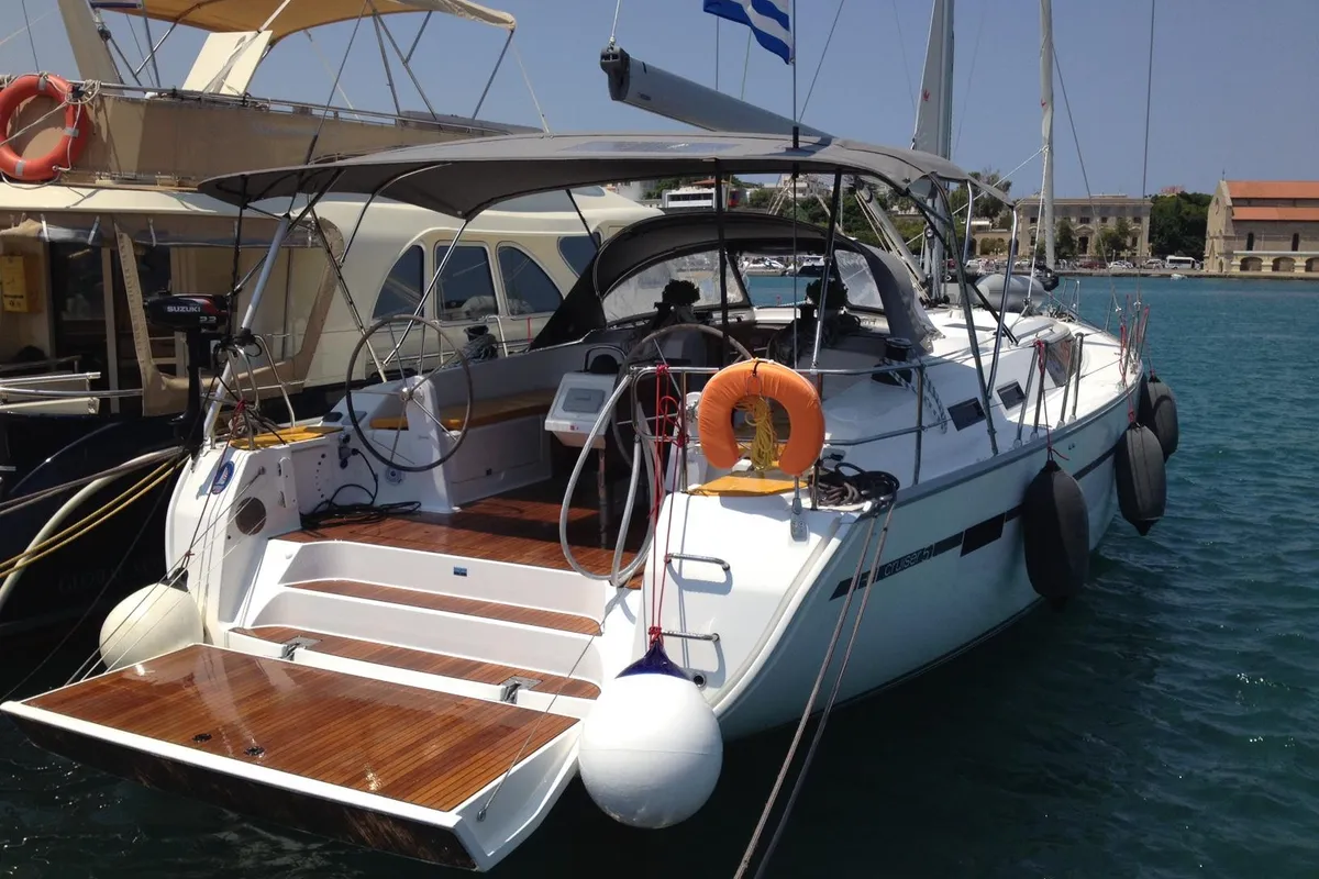 Deck of Fantasia, a Bavaria Cruiser 51 sailboat at Rhodes, Greece