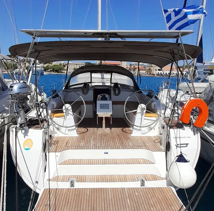 Cockpit of Fantasia, a Bavaria Cruiser 51 sailboat at Rhodes, Greece