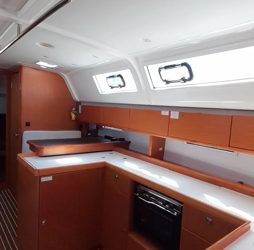 Galley of Fantasia, a Bavaria Cruiser 51 sailboat at Rhodes, Greece
