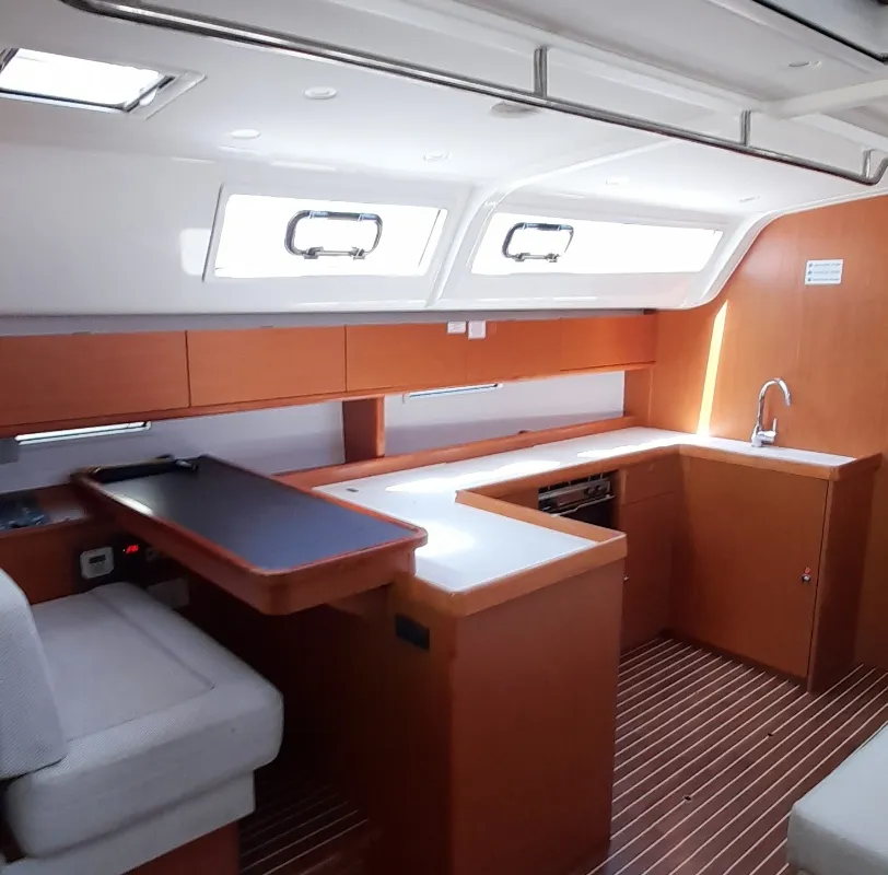 Galley of Fantasia, a Bavaria Cruiser 51 sailboat at Rhodes, Greece