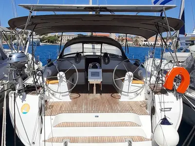 Cockpit of Fantasia, a Bavaria Cruiser 51 sailboat at Rhodes, Greece