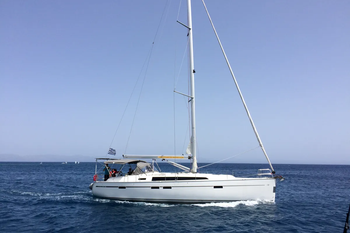 Exterior view of Fantasia, a Bavaria Cruiser 51 sailboat at Rhodes, Greece