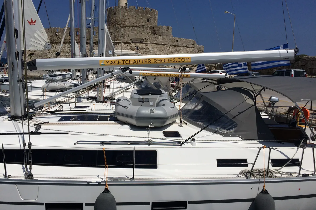 Exterior view of Fantasia, a Bavaria Cruiser 51 sailboat at Rhodes, Greece