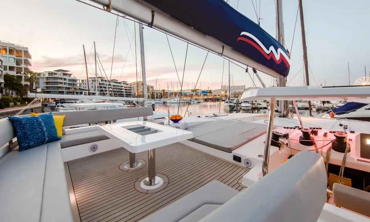 Deck of Moorings 5000 Club, a Leopard 50 catamaran at Road Town, British Virgin Islands