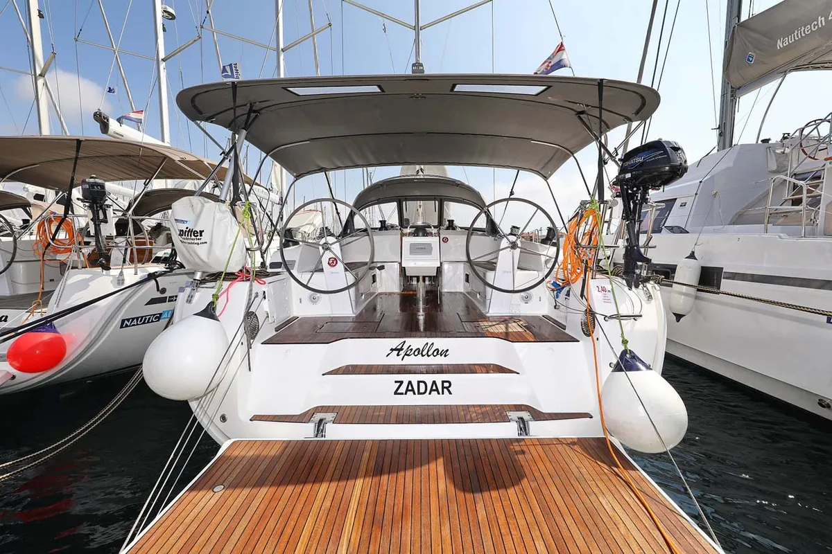 Exterior view of Apollon, a Bavaria Cruiser 46 sailboat at Jezera, Croatia