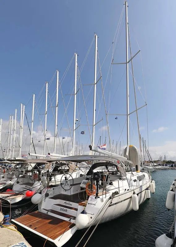 Exterior view of Apollon, a Bavaria Cruiser 46 sailboat at Jezera, Croatia