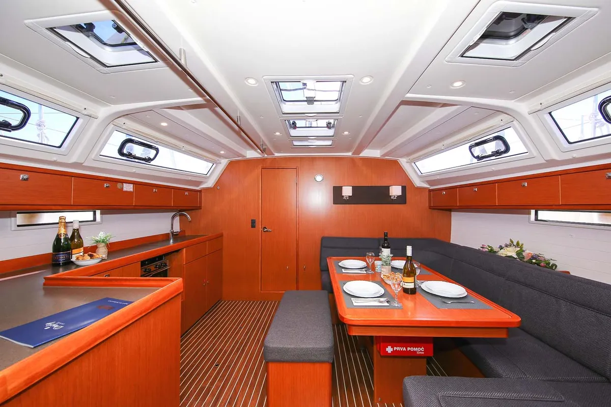 Salon of Apollon, a Bavaria Cruiser 46 sailboat at Jezera, Croatia