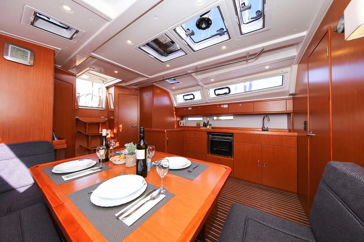 Salon of Apollon, a Bavaria Cruiser 46 sailboat at Jezera, Croatia