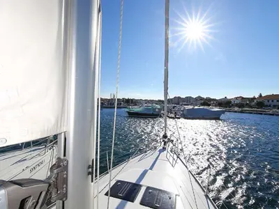 Deck of Apollon, a Bavaria Cruiser 46 sailboat at Jezera, Croatia