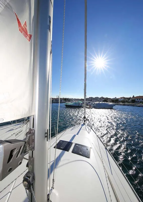Deck of Apollon, a Bavaria Cruiser 46 sailboat at Jezera, Croatia