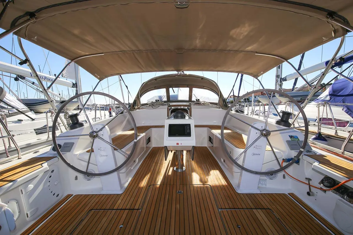 Cockpit of Apollon, a Bavaria Cruiser 46 sailboat at Jezera, Croatia