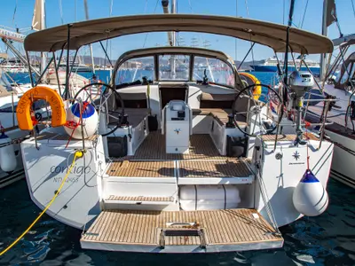 Deck of Contigo, a Jeanneau Sun Odyssey 490 sailboat at Lavreotiki Municipal Unit, Greece