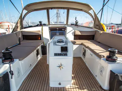 Cockpit of Contigo, a Jeanneau Sun Odyssey 490 sailboat at Lavreotiki Municipal Unit, Greece