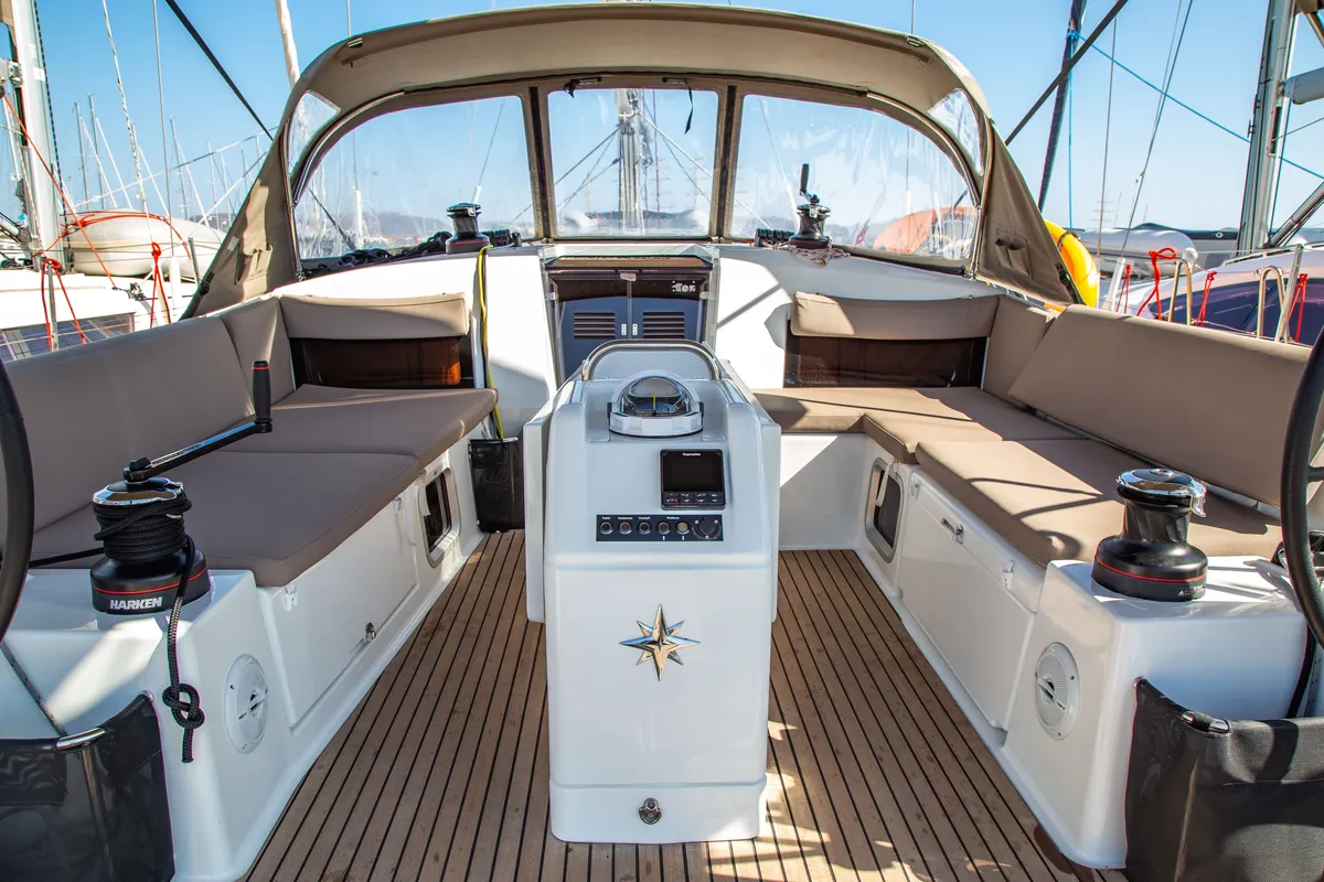 Cockpit of Contigo, a Jeanneau Sun Odyssey 490 sailboat at Lavreotiki Municipal Unit, Greece
