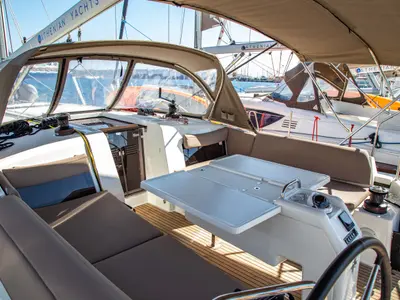Cockpit of Contigo, a Jeanneau Sun Odyssey 490 sailboat at Lavreotiki, Greece